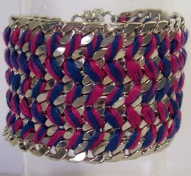 Armband zilver schakels met blauw-fuchsia koord en magneetsluiting
