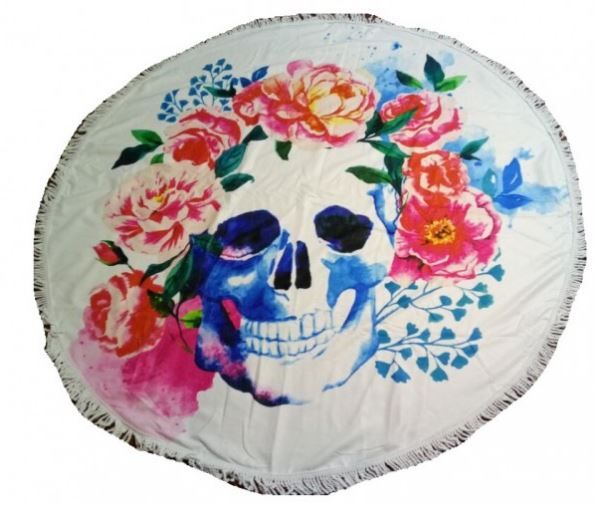 Roundie Beach Towel Skull & Flowers