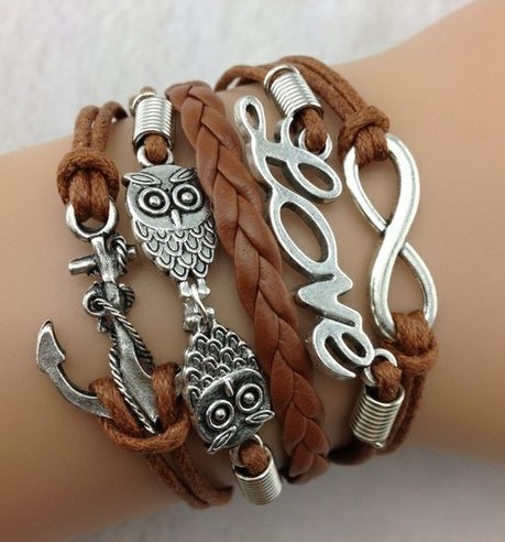 Armband zilver-bruin Infinity-Love-Owls-Anchor