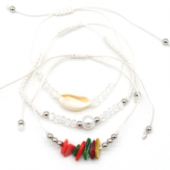 Armband fijn set a 3 Beads and Shell wit