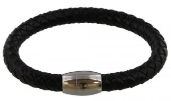 Armband heren 9 mm zwart leer st. steel 21 cm