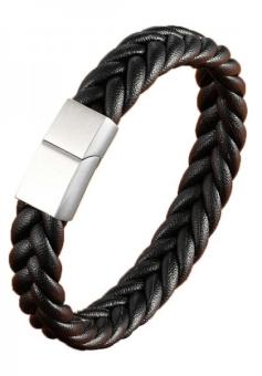 Armband heren leer vlecht zwart-st. steel