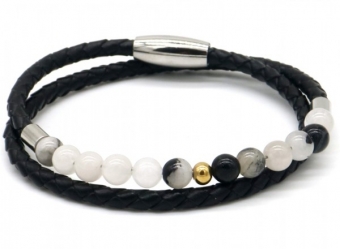 Armband heren leather & stones wrap zwart