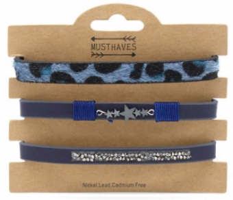 Armband set a 3 Leopard print, Stars & Glitters blauw