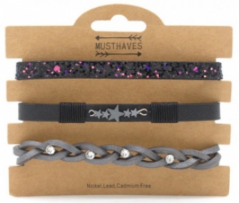 Armband set a 3 Star, strass & glitter zwart