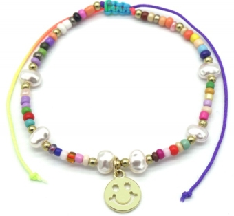 Armbandje kraaltjes, parels en smiley multicolor-goud
