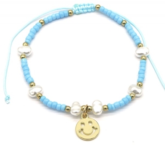 Armband kraaltjes, parels & Smiley blauw-goud 