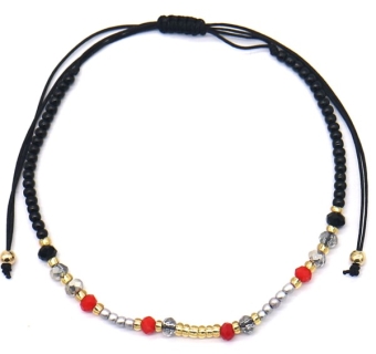 Armbandje fijn glaskraaltjes zwart, rood, goud