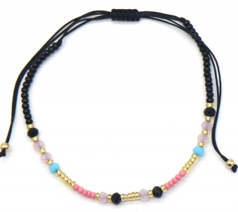 Armbandje fijn glaskraaltjes zwart, roze, goud, blauw