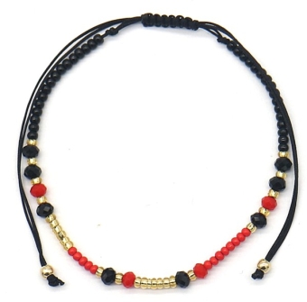 Armbandje fijn glaskraaltjes zwart, rood, goud