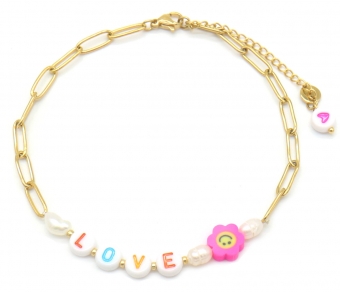 Enkelbandje beads Love & Smiley stainless steel goud