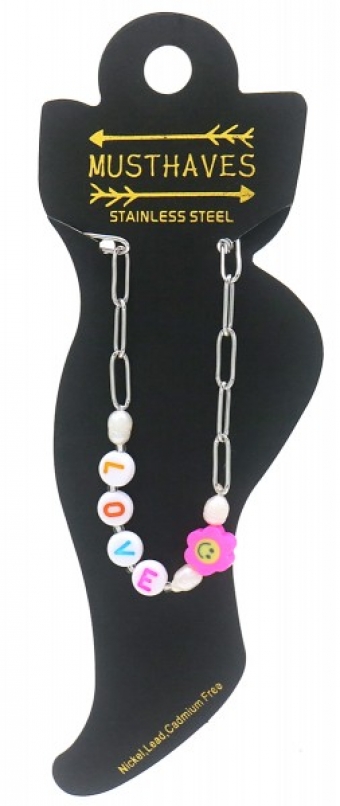 Enkelbandje beads Love & Smiley stainless steel zilver