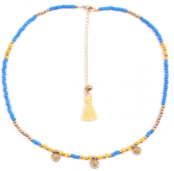 Keting choker glaskraaltjes & muntjes goud-blauw-geel
