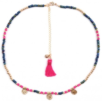 Ketting choker glaskraaltjes & muntjes groen-blauw-roze-goud