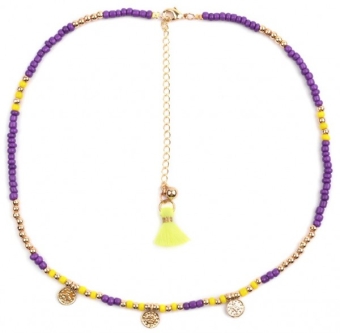 Ketting choker glaskraaltjes & muntjes goud-paars-geel