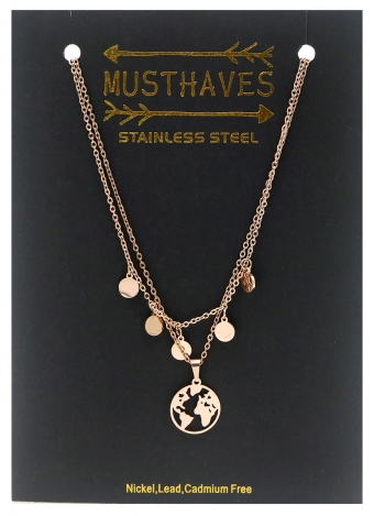 Ketting 2 laags wereld en muntjes rvs rosegoud 2