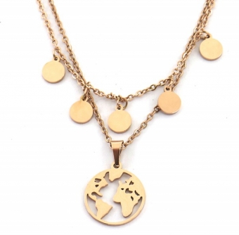 Ketting 2 laags wereld en muntjes rvs rosegoud