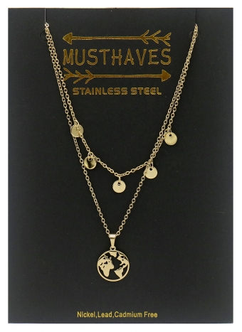 Ketting 2 laags wereld en muntjes rvs goud 2