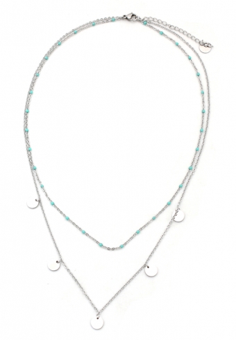 Ketting fijn 2-laags Muntjes RVS zilver-turquoise