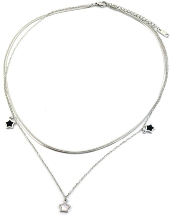 Ketting 2 laags Sterren st-steel zilver-zwart 2