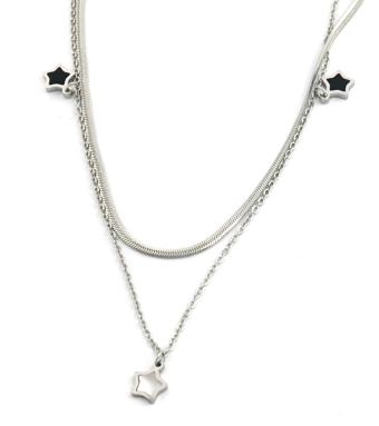 Ketting 2 laags Sterren st-steel zilver-zwart