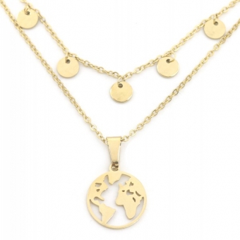 Ketting 2 laags wereld en muntjes rvs goud