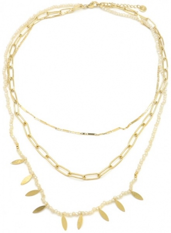 Ketting 3-laags Charms & glaskralen s-steel goud