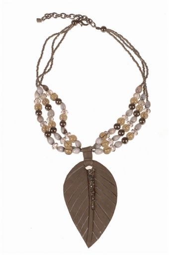 Ketting collier Veer en kralen leer taupe-bruin 2