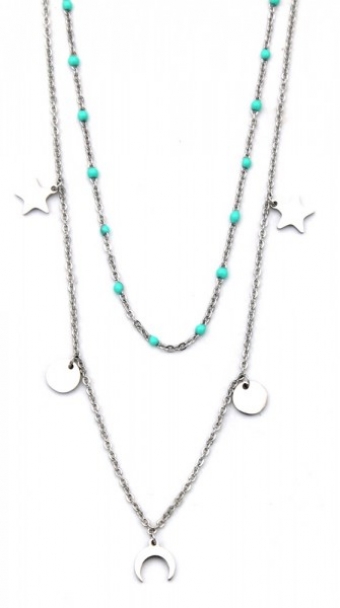 Ketting fijn 2-laags Maan & Sterren RVS zilver-turquoise.