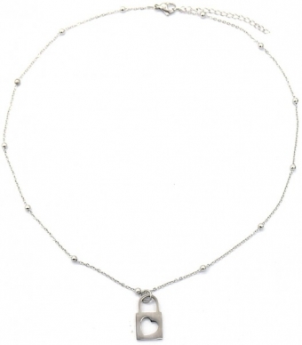 Ketting fijn Slot met hart rvs zilver