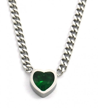 Ketting schakel Hart st-steel-kristal zilver-groen