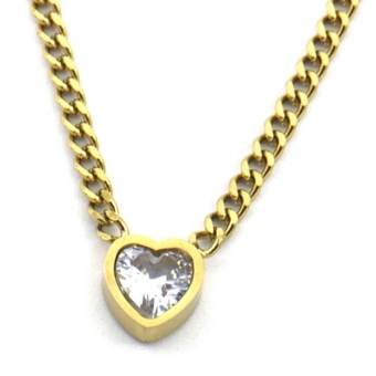 Ketting schakel Hart st-steel-kristal goud