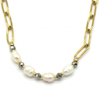 Ketting schakels & zoetwaterparels RVS goud