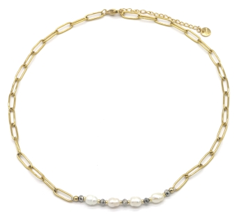 Ketting schakels & zoetwaterparels RVS goud 2