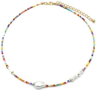 Ketting kleine glaskraaltjes & parels multicolor
