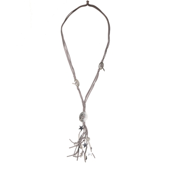 Ketting lang Amulet & Muntjes grijs-zilver