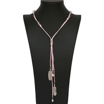 Ketting lang Boho feathers roze-zilver