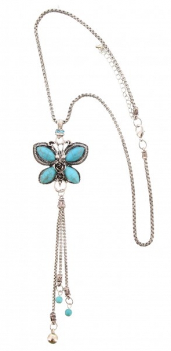 Ketting lang Vlinder groot zilver-turquoise