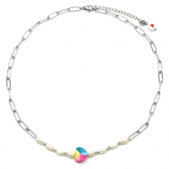 Ketting rainbow hart & parels rvs zilver