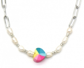 Ketting rainbow hart & parels rvs zilver 2