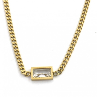 Ketting schakels en rechthoek st.steel goud-kristal