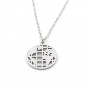 Ketting Wereldbol stainless steel zilver.