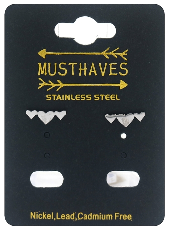 Oorbellen studs 3 Hartjes  st.steel zilver