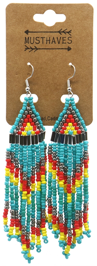 Oorbellen lang Boho kraaltjes turquoise-multi