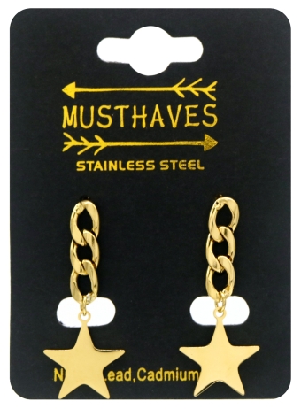 Oorbellen ster & schakels st-steel goud 2