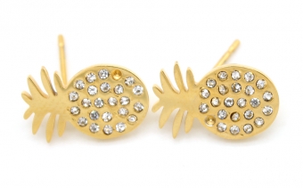 Oorbellen studs Ananas stainless steel goud.