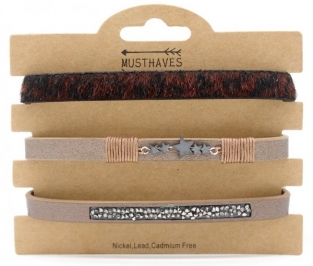 Armband set a 3 Leopard print, Stars & Glitters bruin.