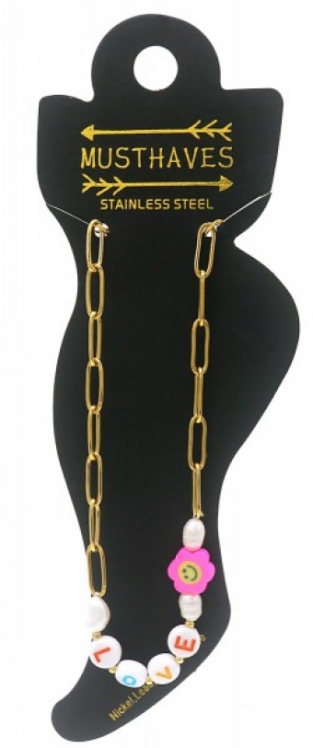 Enkelbandje beads Love & Smiley stainless steel goud 2