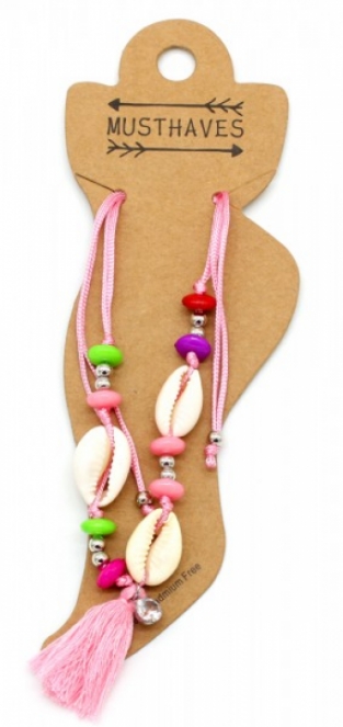Enkelbandje Shells & tassel pink-multi
