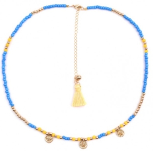Keting choker glaskraaltjes & muntjes goud-blauw-geel